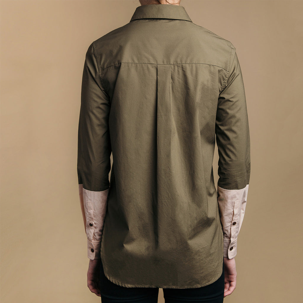 The Hand-Dipped Shirt - Matte Olive/DustyBlush, back view. Box pleat.