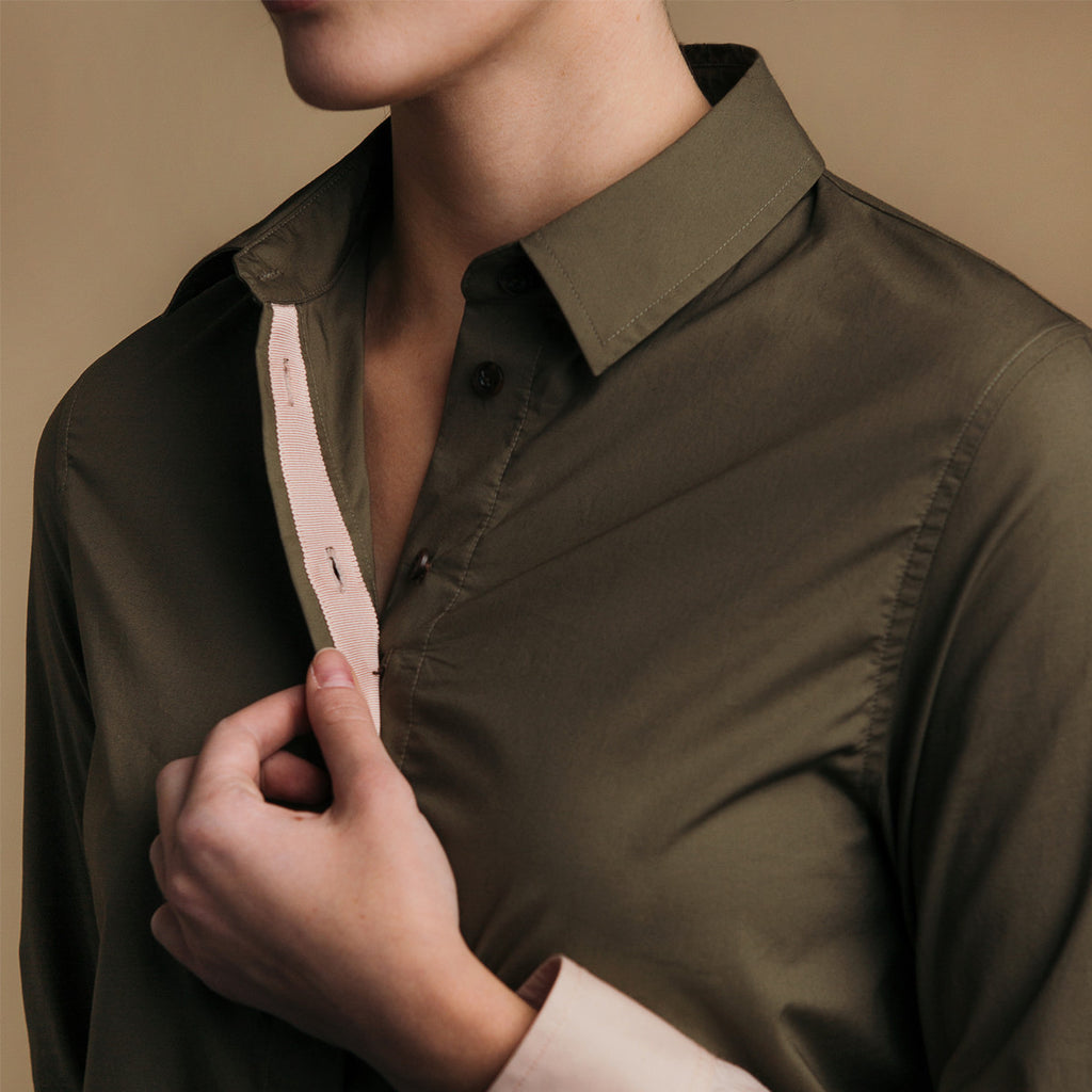 The Hand-Dipped Shirt - Matte Olive/DustyBlush, pink grosgrain ribbon placket detail.