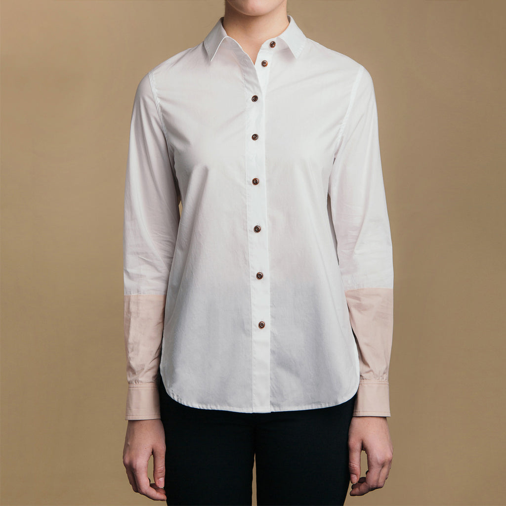 The Hand-Dipped Shirt - Paper White/DustyBlush, front view. Faux horn buttons. 