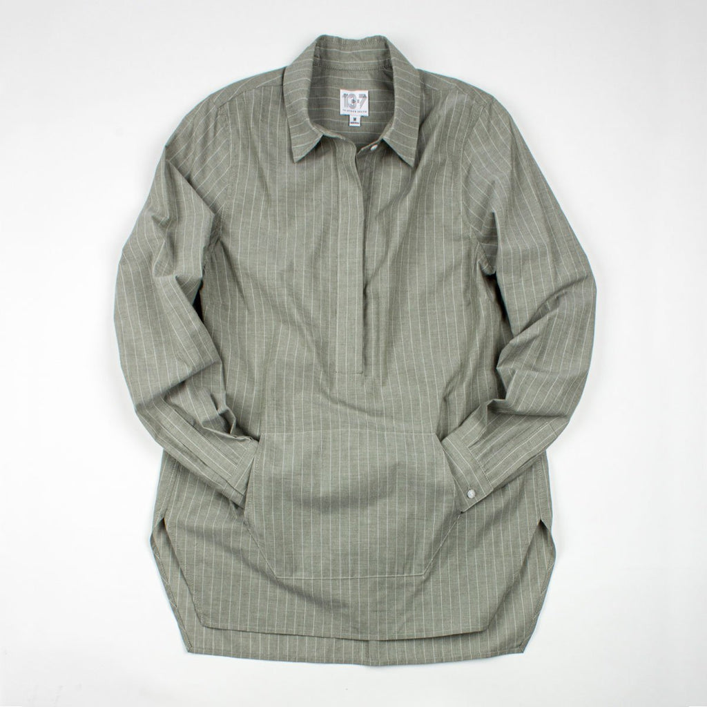 Thirteen Seven Trapezoid Pullover shirt with kangaroo pocket in green with white pinstripe.
