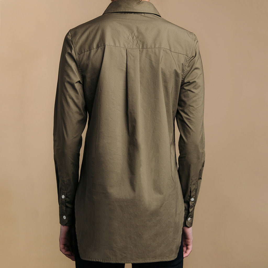The Trapezoid Pullover - Matte Olive. Back view. Box pleat, long back hem.