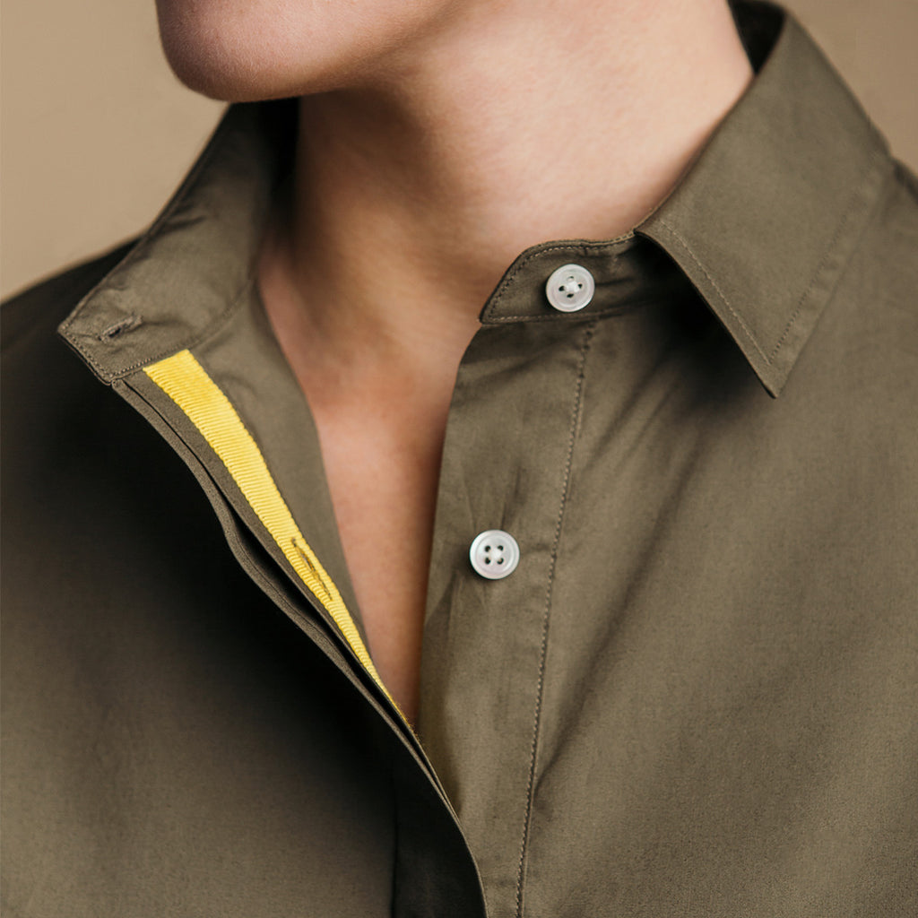 The Trapezoid Pullover - Dusty Blush. Yellow grosgrain ribbon placket detail.