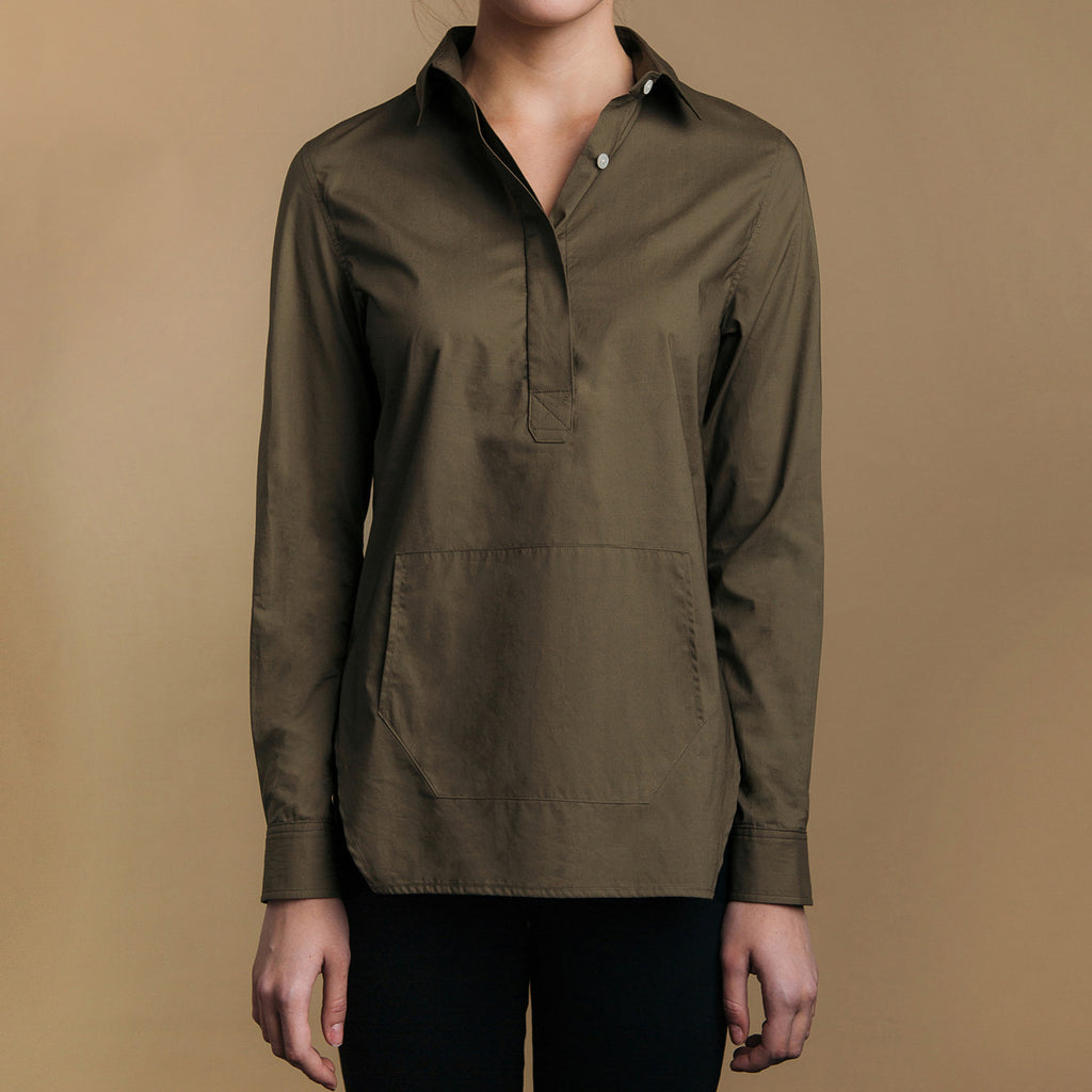 The Trapezoid Pullover - Matte Olive, front view. Front pouch pocket. Angled hem.