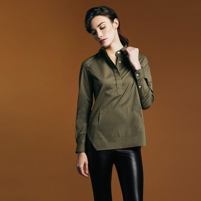 The Trapezoid Pullover - Matte Olive. Gape-Free Shirting.