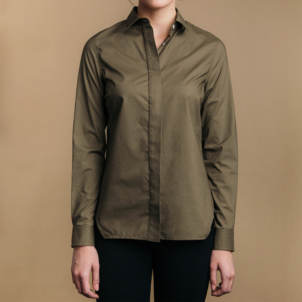 The Trapezoid Shirt - Matte Olive. Front view. Covered placket. Shell buttons.