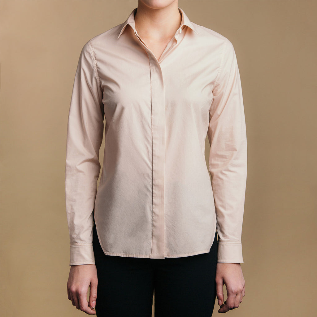 The Trapezoid Shirt - Dusty Blush. Front view. Covered placket. Shell buttons.