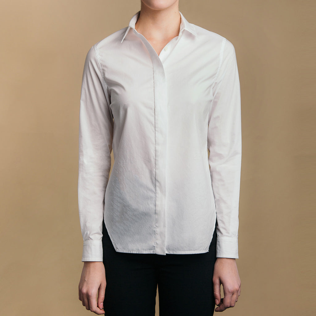 The Trapezoid Shirt - Paper White. Front view. Covered placket. Shell buttons.