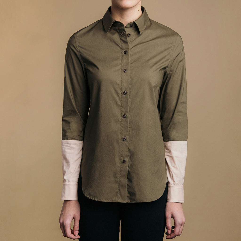 The Hand-Dipped Shirt - Matte Olive/DustyBlush, front view. Faux horn buttons.
