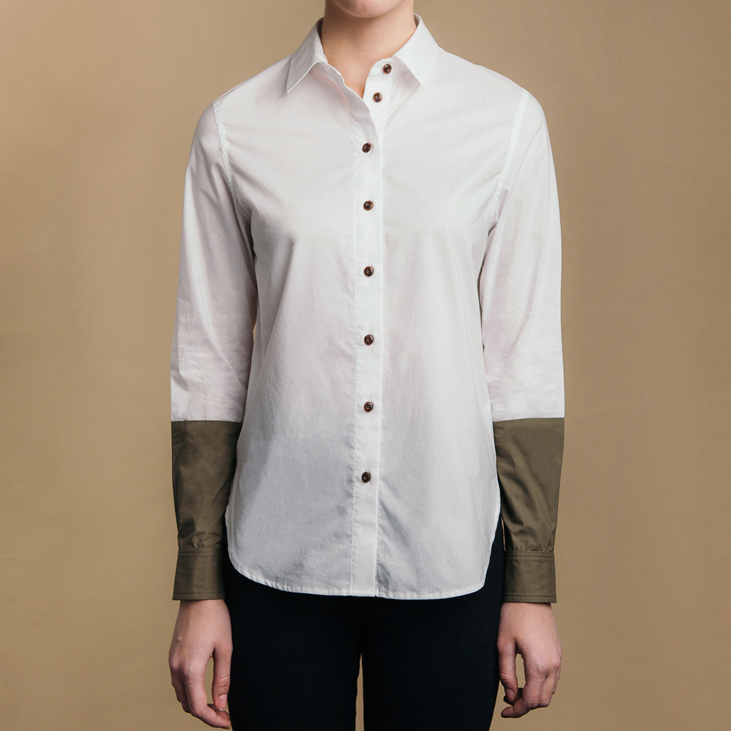 The Hand-Dipped Shirt - Paper White/Matte Olive. Front view, brown buttons.