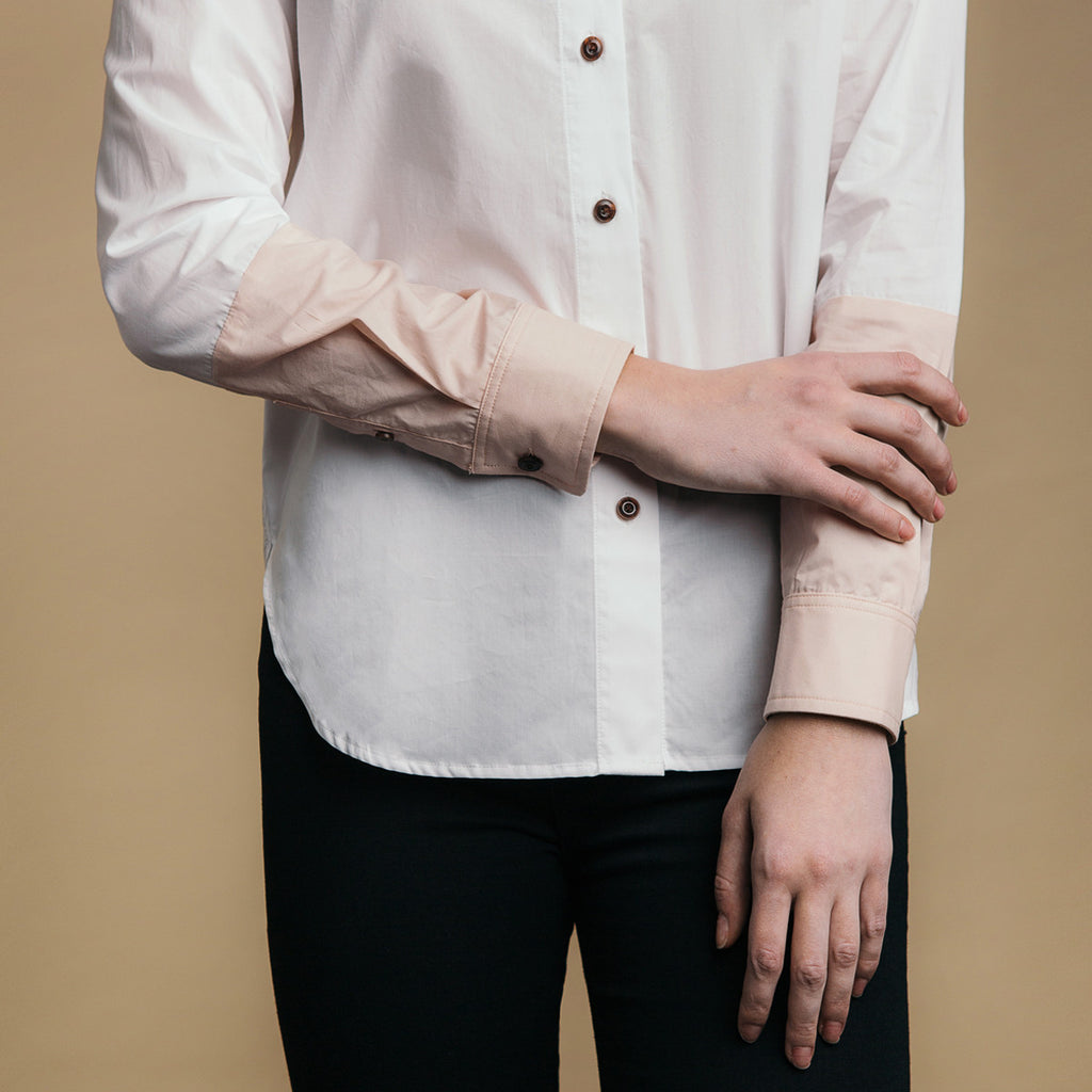 The Hand-Dipped Shirt - Paper White/DustyBlush, color block arm detail.