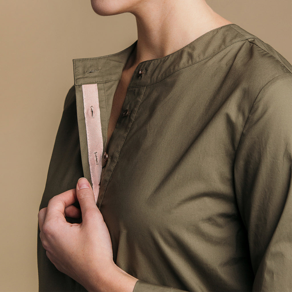 The Equilibrium Shirt - Matte Olive, pink grosgrain placket detail.