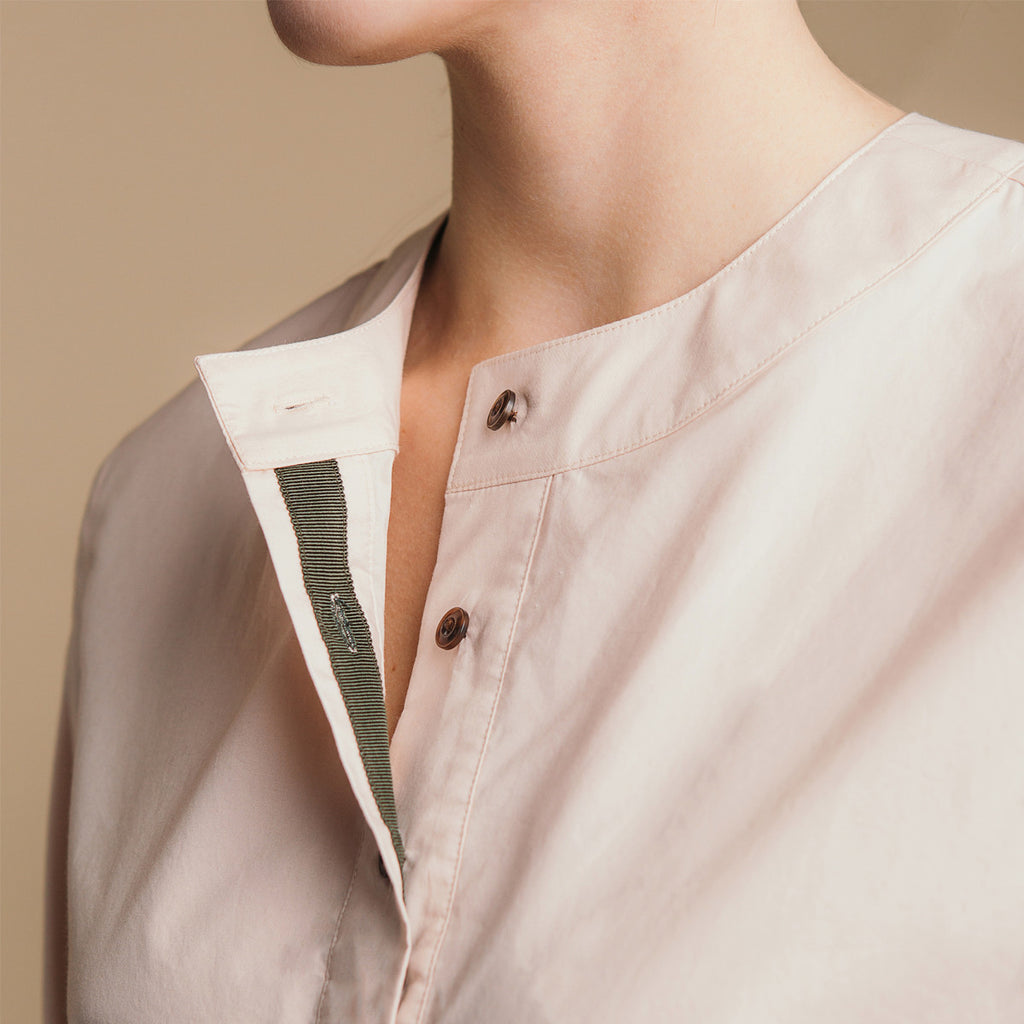 The Equilibrium Shirt - Dusty Blush, grosgrain placket detail.