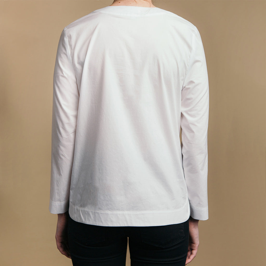 The Equilibrium Shirt - Matte Olive, back view. Straight hem across bottom.