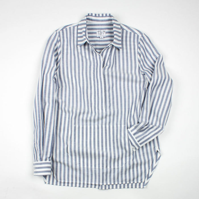 Thirteen Seven navy and white stripe Trapezoid Pullover shirt with kangaroo front pocket.