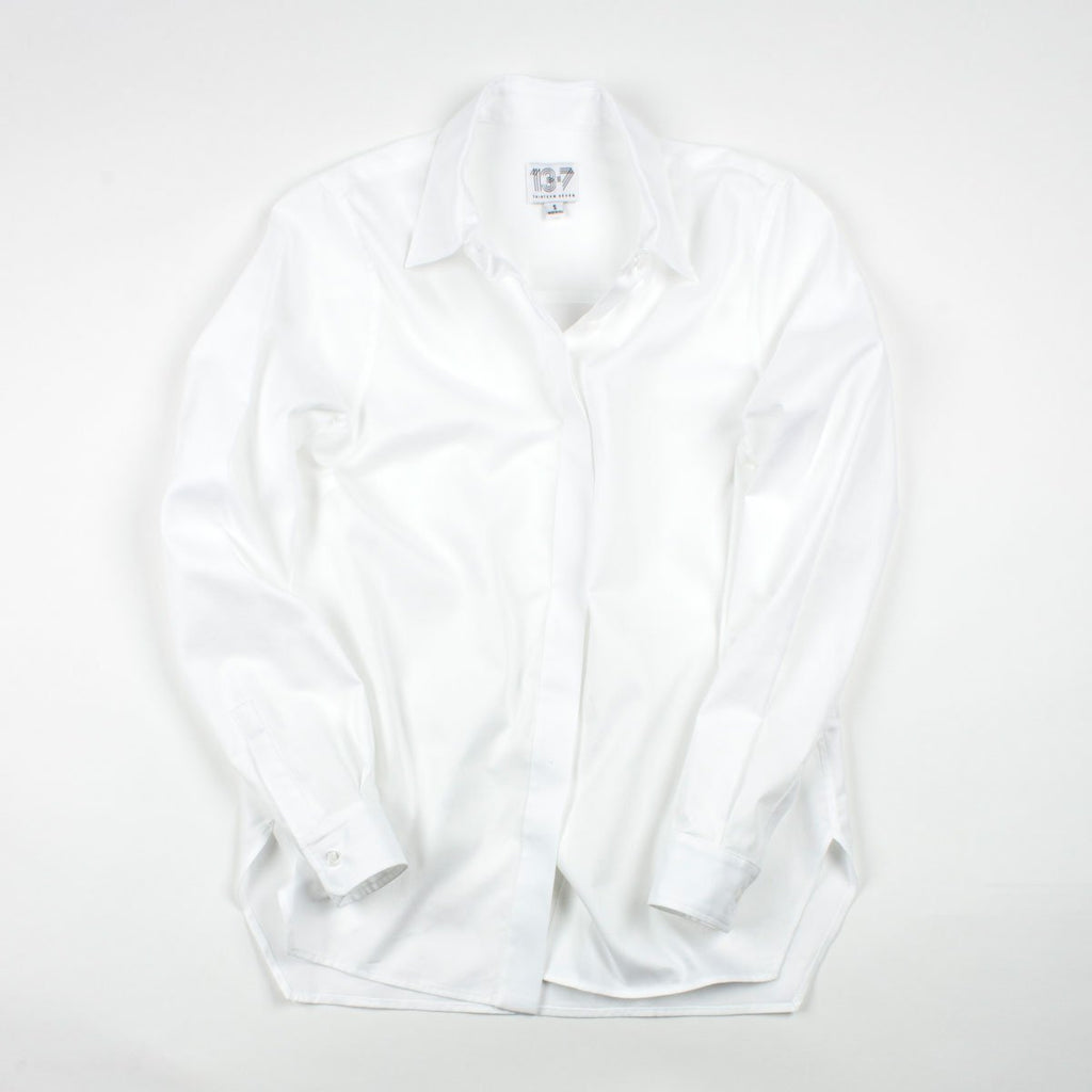 Thirteen Seven white Trapezoid hem classic white women's dress shirt. 