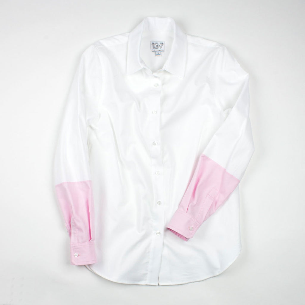 Thirteen Seven Hand-Dipped color block sleeve women's shirt in white and pink.
