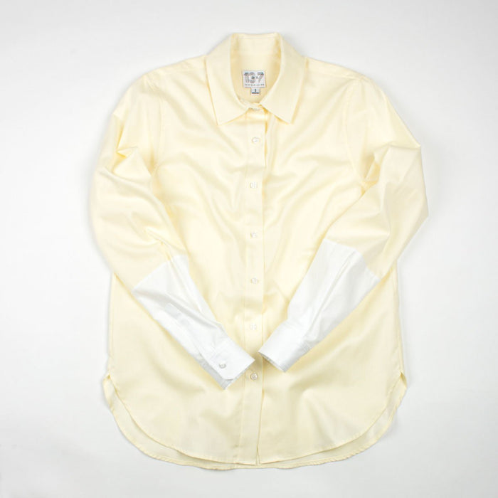 Thirteen Seven Hand-Dipped color block dress shirt for women in yellow and white.