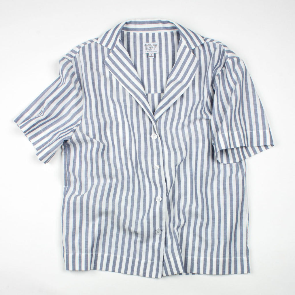 Thirteen Seven, The Fancy Bowler short sleeve notch lapel shirt in navy and white stripes.