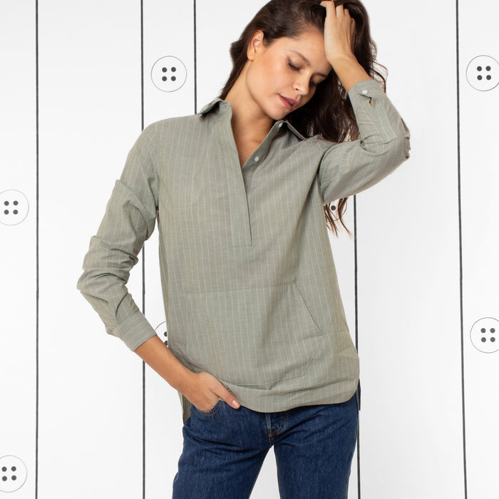 Thirteen Seven Trapezoid Pullover shirt with kangaroo pocket in green with white pinstripe.
