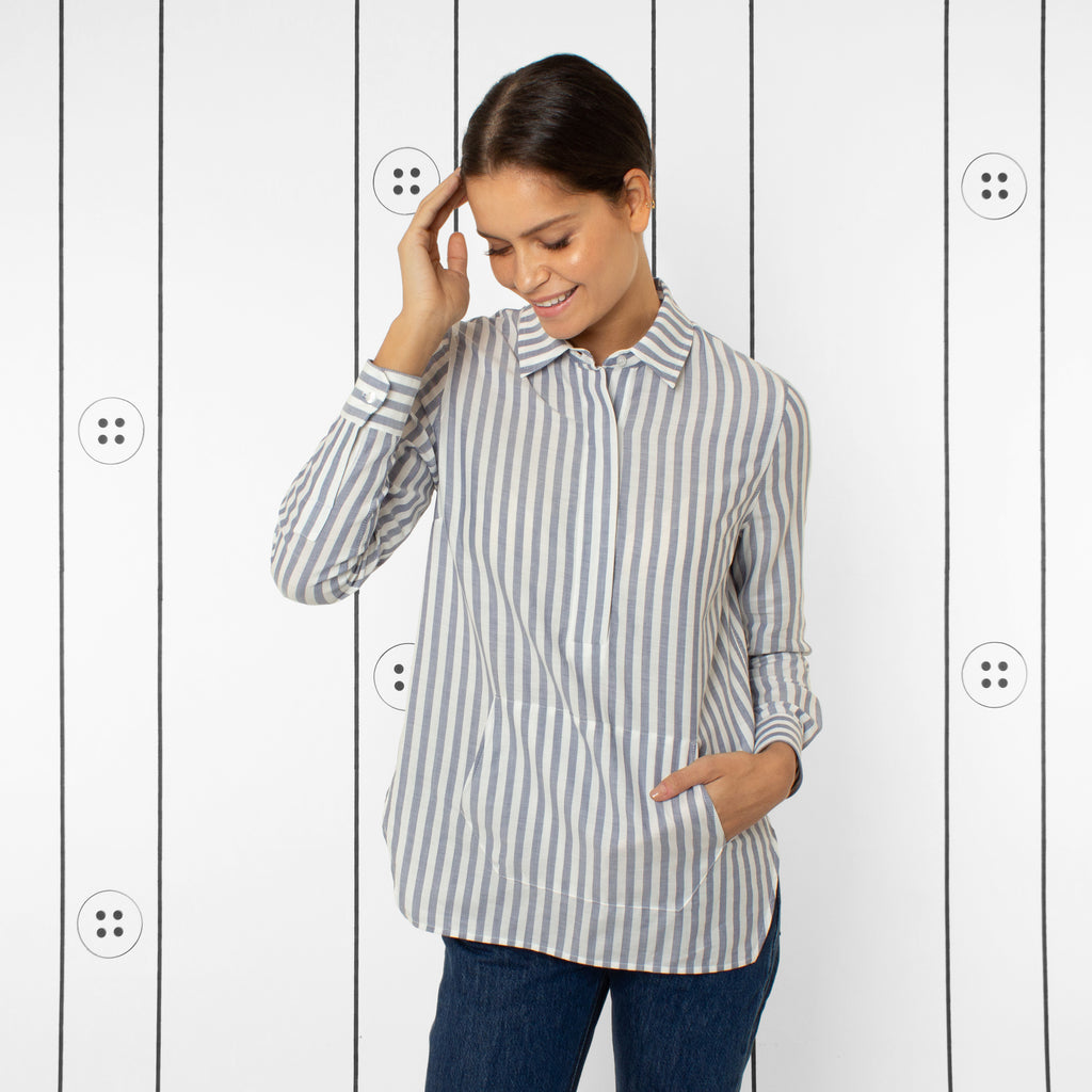 Thirteen Seven navy and white stripe Trapezoid Pullover shirt with kangaroo front pocket.