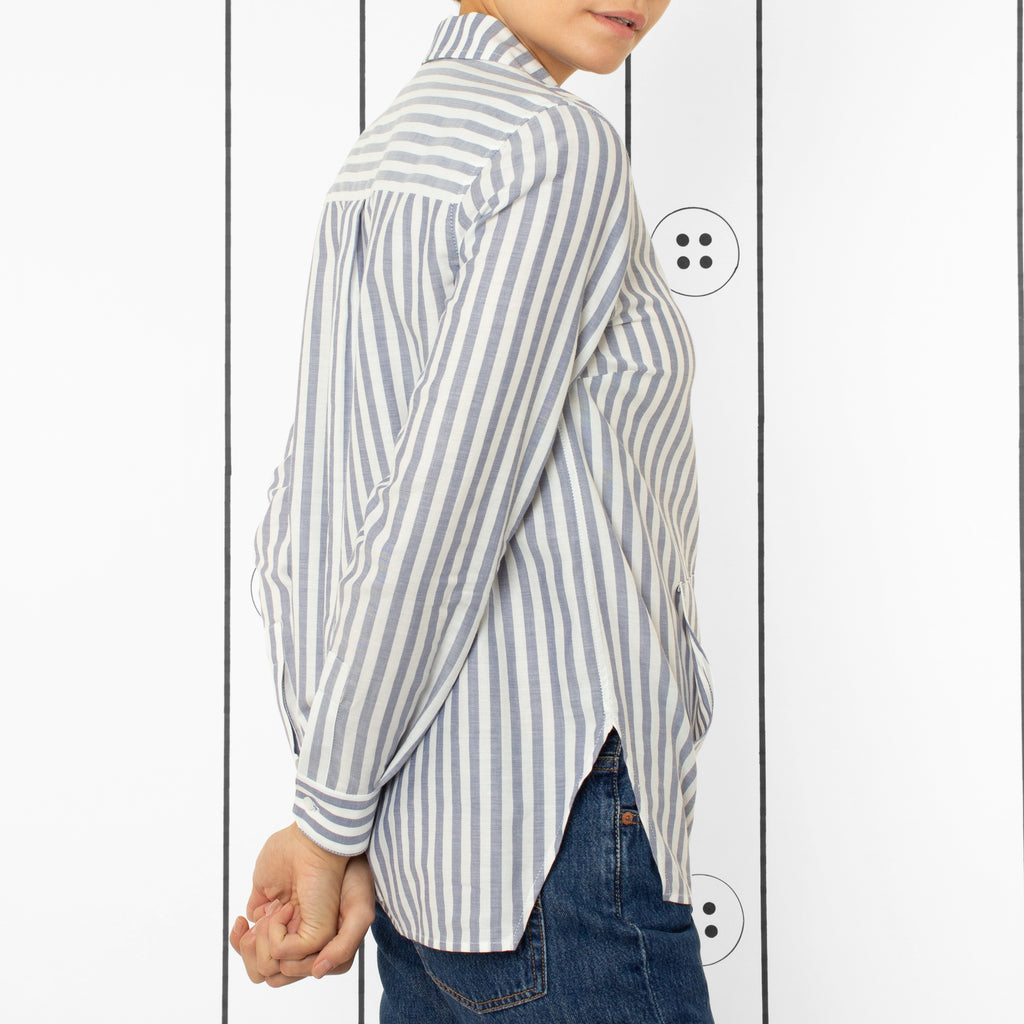 Thirteen Seven navy and white stripe Trapezoid Pullover shirt with kangaroo front pocket.