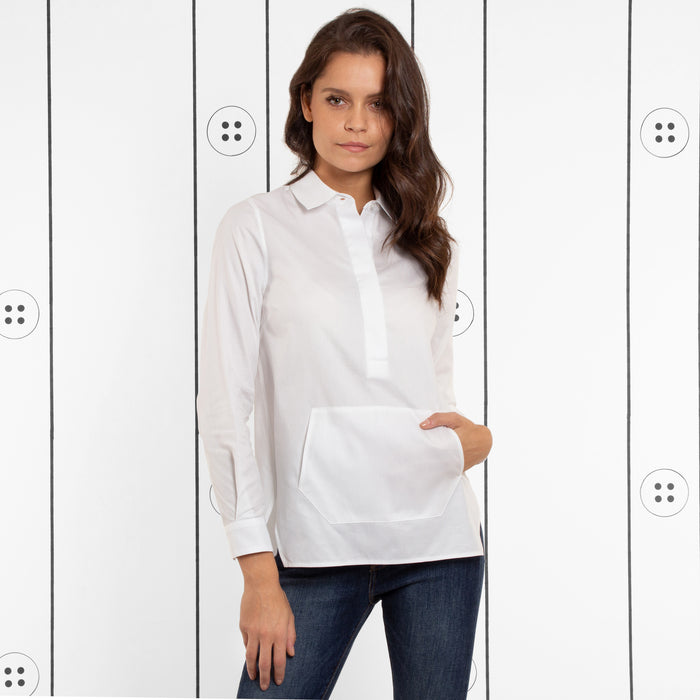 Thirteen Seven white Trapezoid Pullover shirt with front pocket.