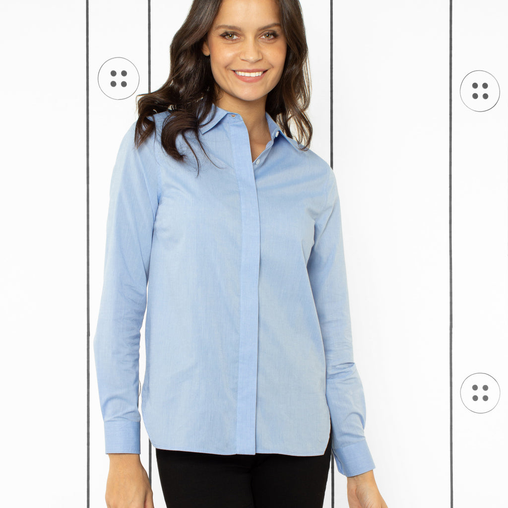 Thirteen Seven women's Trapezoid Shirt classic dress blouse in Little Boy Blue.