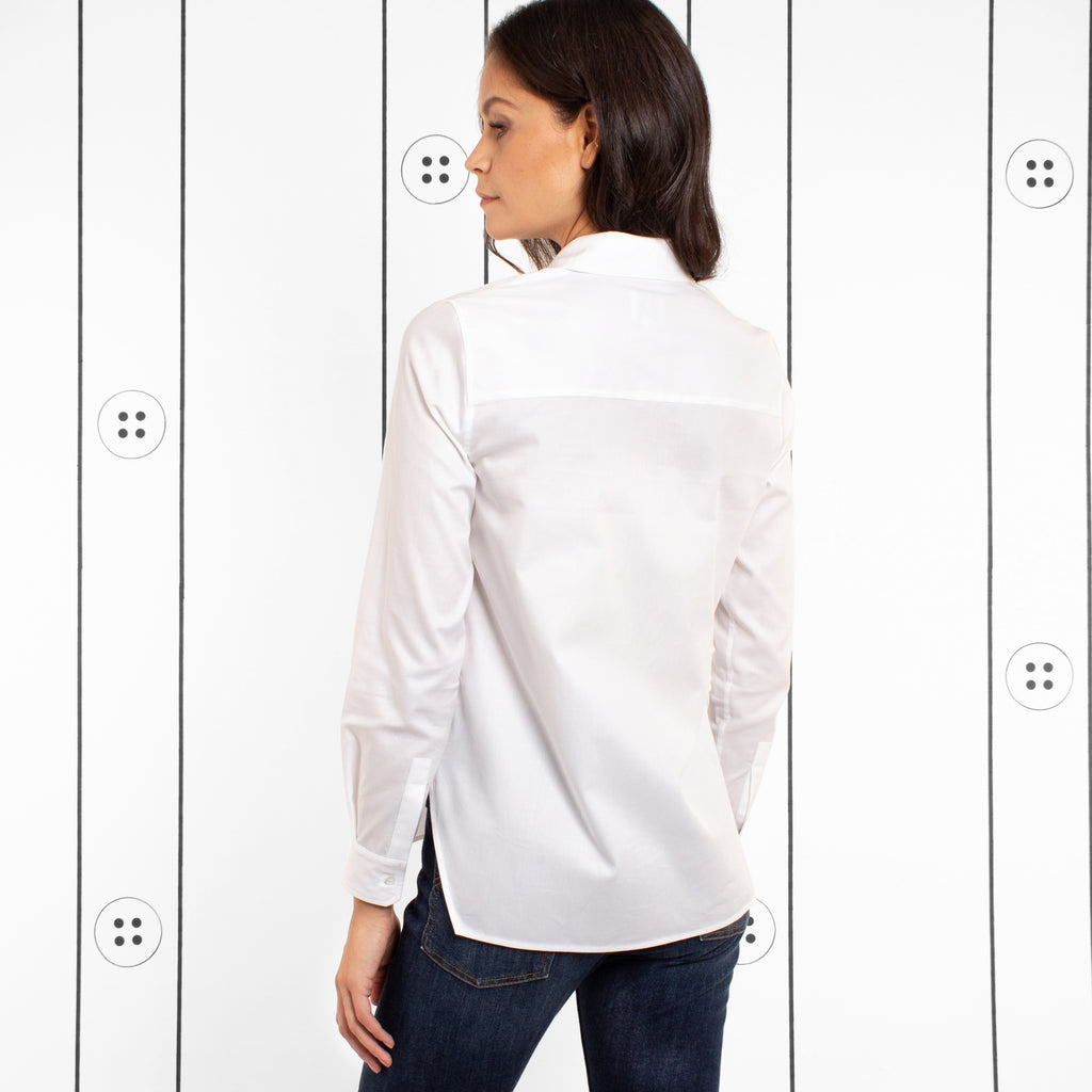 Thirteen Seven white Trapezoid shaped bottom hem classic white women's dress shirt. No Boob-Gape.