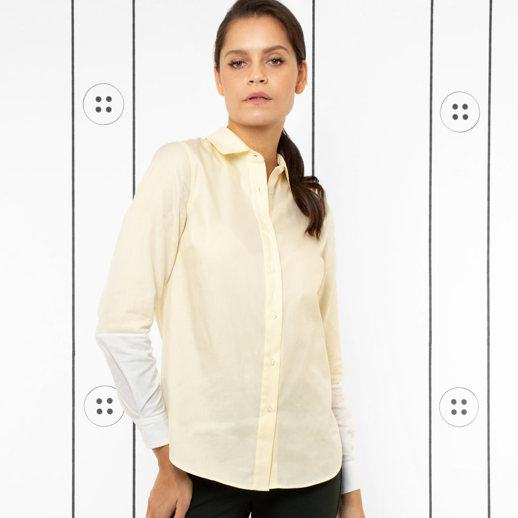 Thirteen Seven Hand-Dipped color block dress shirt for women in yellow and white.