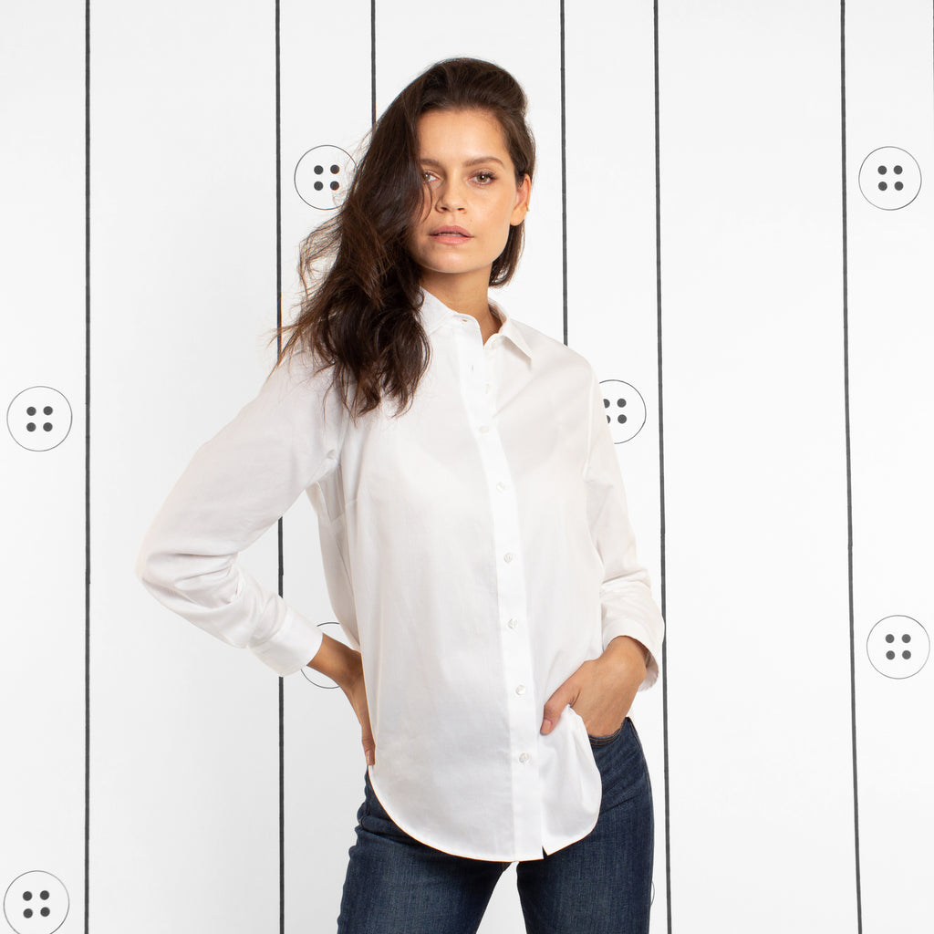 Thirteen Seven Risky Business oversized women's dress shirt in white.